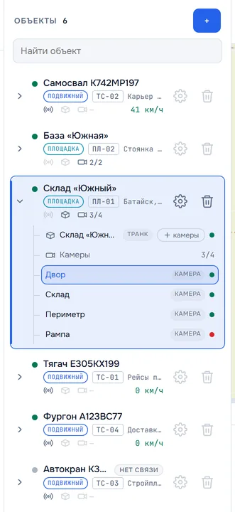 Список объектов: строка площадки раскрыта до транка и камер